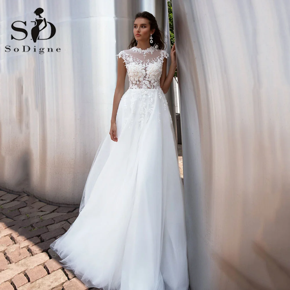 

SoDigne Bohemian Wedding Dresses Sleeveless Lace Appliques Vintage Tulle Wedding Gown O Neck White Boho Bridal Dress