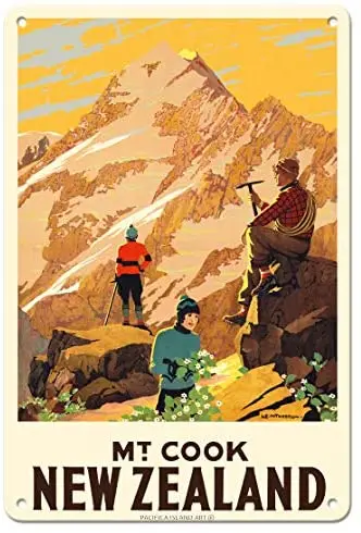 

New Zealand - Mt. Cook (Aoraki) Mountain Climbers by Leonard C. Mitchell c.1934 Metal Tin Sign
