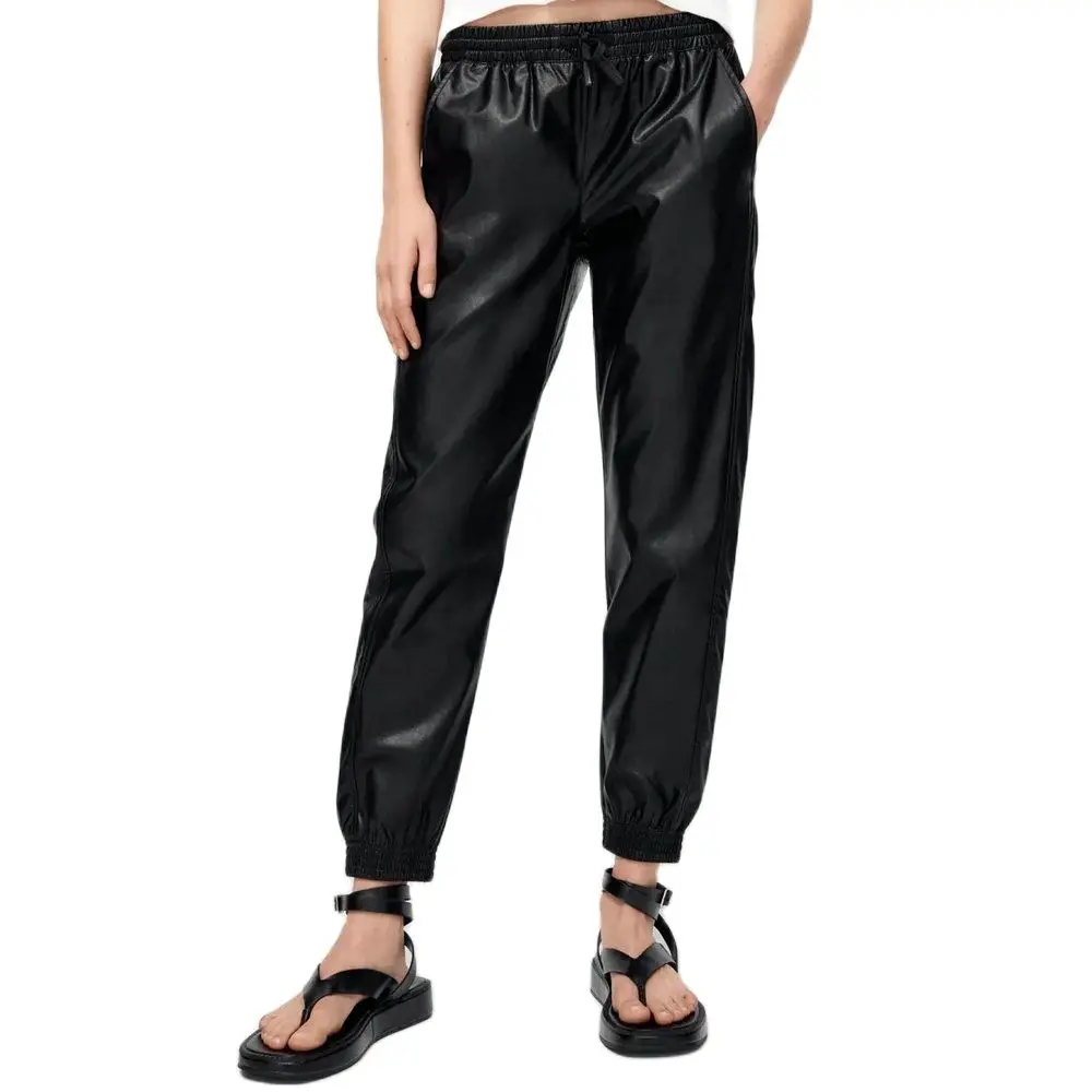 

2021 Women Vintage High Waist Black Faux Leather Jogging Pants Lady PU Loose Elastic Drawstring Tie Ankle Trousers Sweatpants
