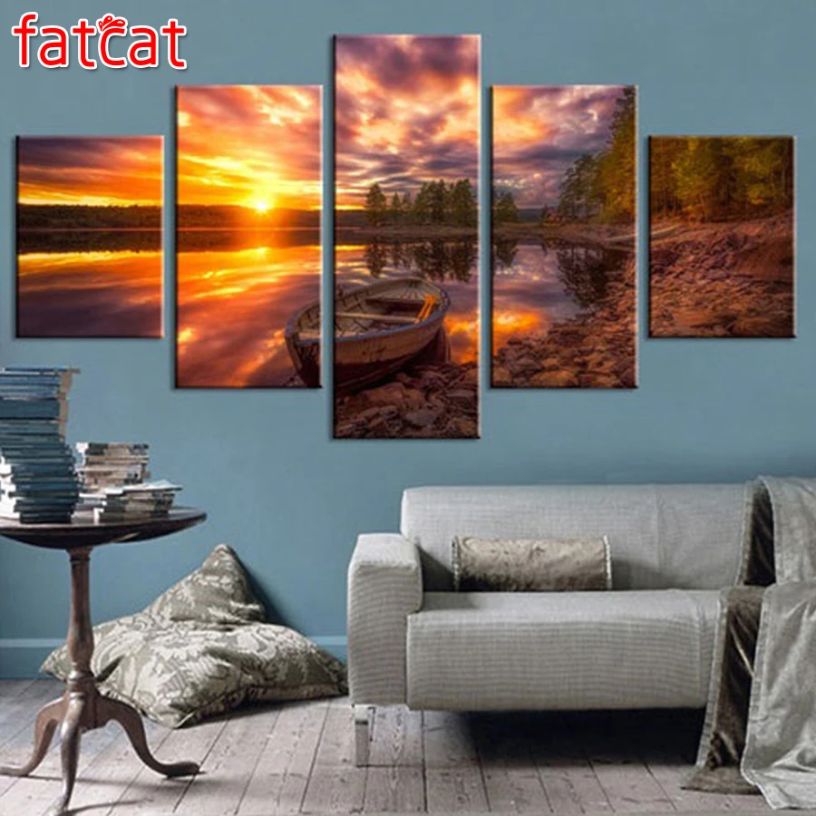 

FATCAT 5 piece Diy Diamond Painting Cross Stitch Sunset scenery boat Needlework full Square Round Diamond Embroidery kits AE381