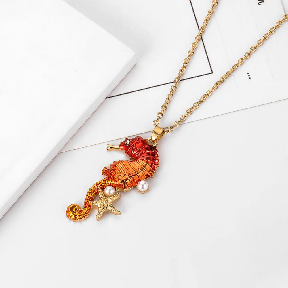 Cute Seahorse simulated Pearl enamel Pendant Necklace Earrings set for Women fashion Jewelry Sets | Украшения и аксессуары