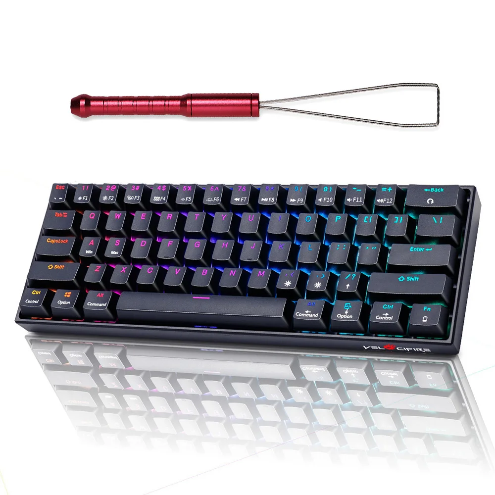 

61-Key Ergonomic Mechanical Keyboard Red Switch RGB Backlit Wireless Wired Black Keyboard with Red keycaps Puller