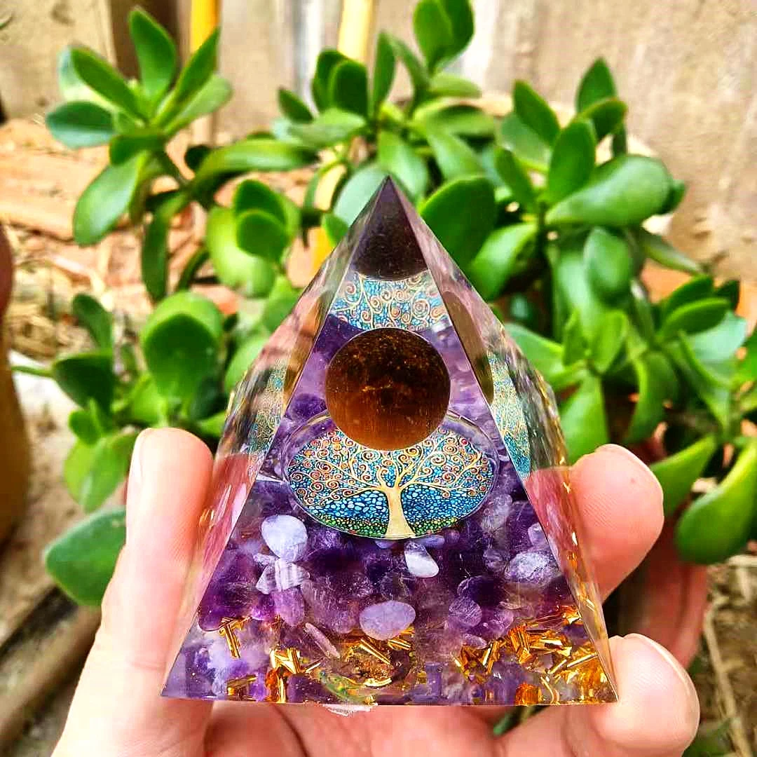 

Orgonite HANDMADE Tiger Eye Crystal Sphere & Crude Amethyst Orgone Pyramid 60MM Reiki Energy Healing Chakra Meditation