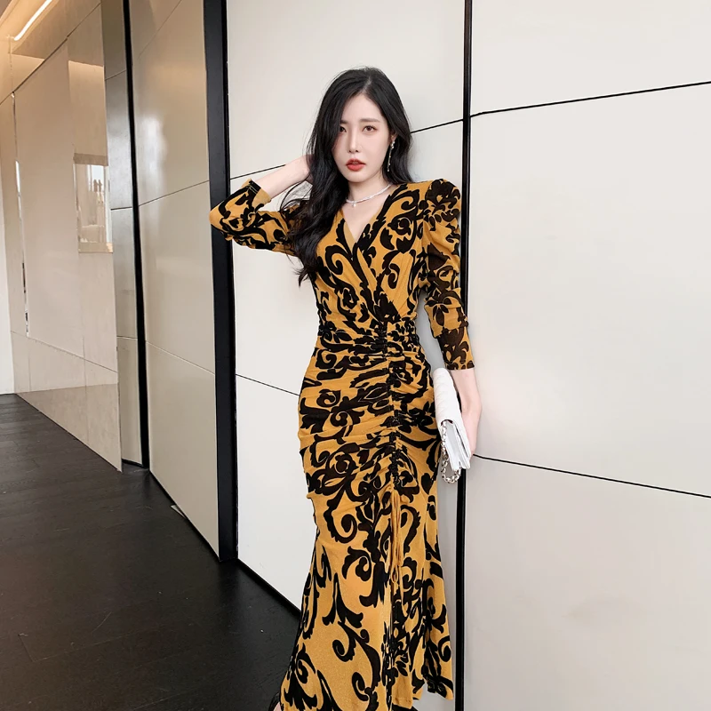 

Long Skirt Women Clothes V-neck Elegant Women's Dress 2021 Autumn Drawford Design Dresses Verano Female Clothing Woman Fashion
