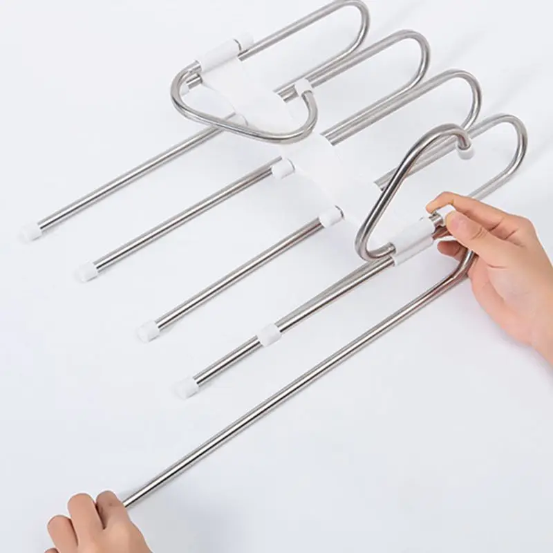 

2021 New Multifunction Pants Hanger 5 Tier Portable Stainless Steel Trousers Racks Clothing Storage Organization Space Saving