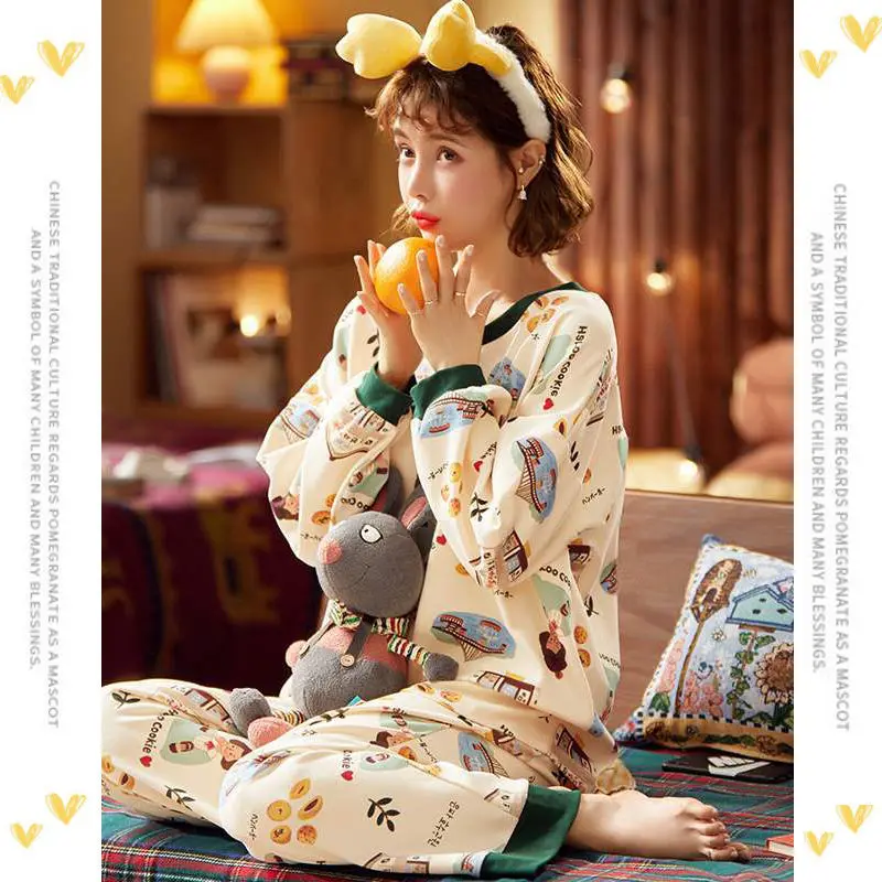 Korean Style Pajamas Spring and Autumn New Long-sleeved Trousers Loose Girl Sweet Student Pajamas Home Service Two-piece Suit