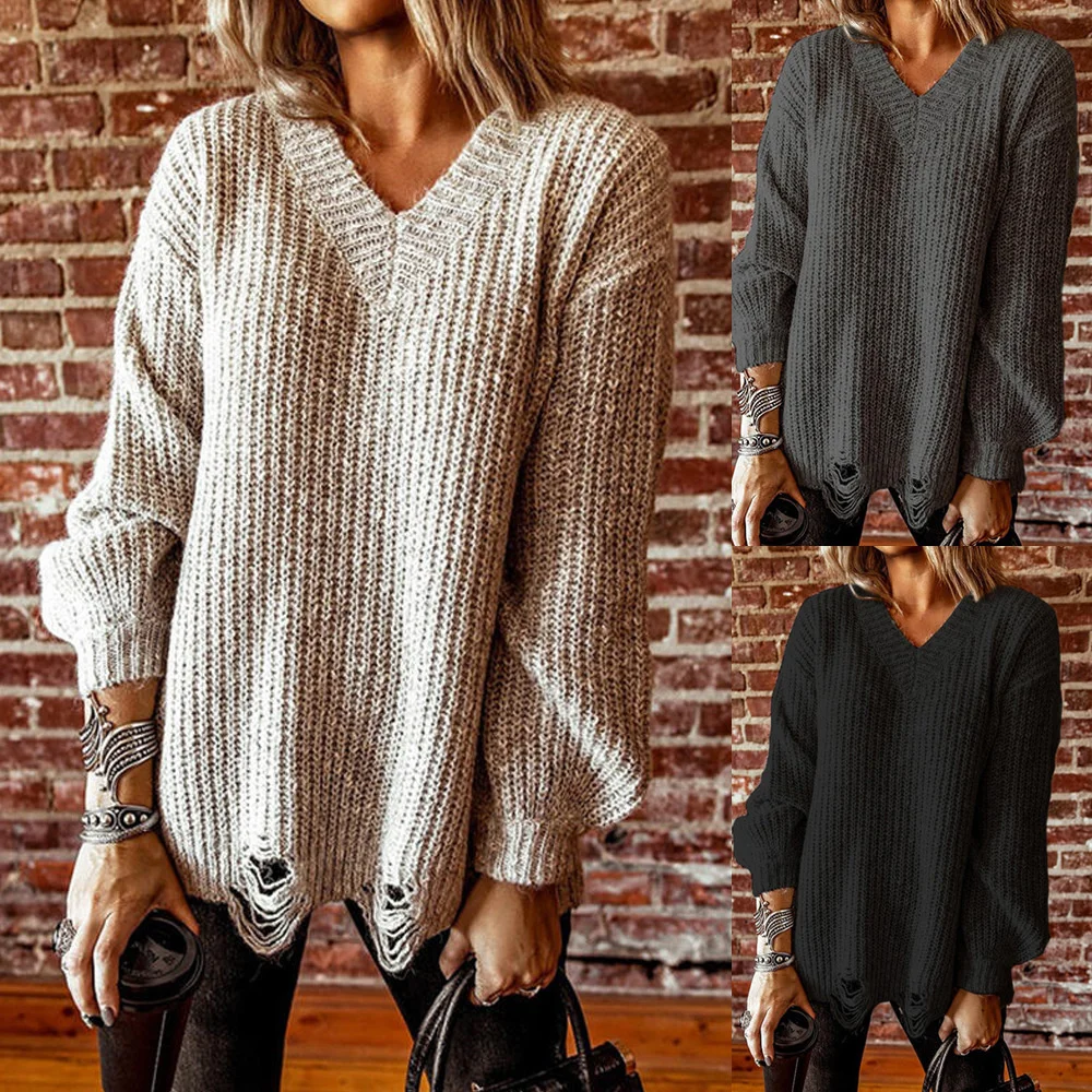 

Женский вязаный осенне-зимний пуловер с дырками, свитер, женский теплый и свободный свитер с длинным рукавом, уличная одежда