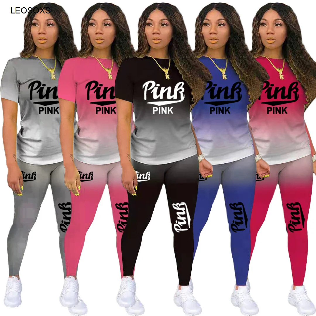 

2021 Women's Summer Suits Casual Printed Gradient Short-sleeved Trousers Home Service Two-piece Suit Fitness Sportswear