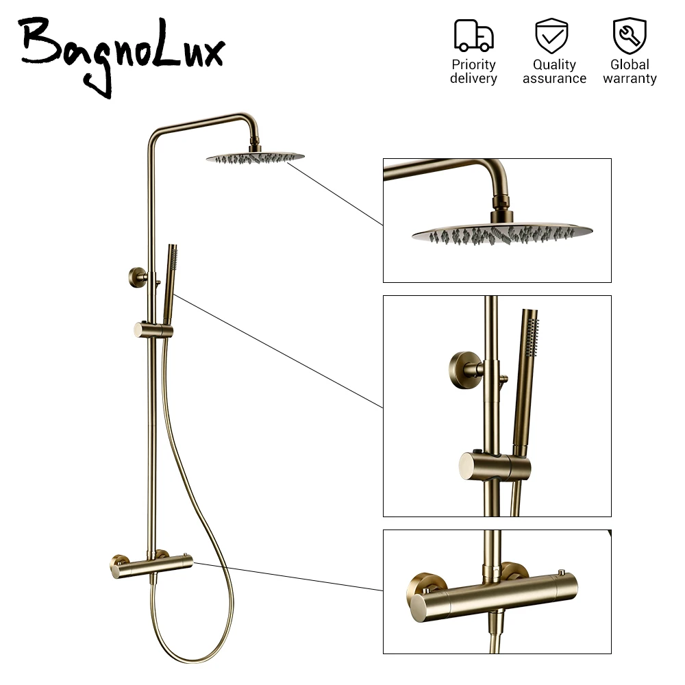 

Thermostat Shower Mixer Valve Set Bathroom Thermostatic Faucet Wall Mount Shower Arm Diverter With Handheld Spray & Rain Head