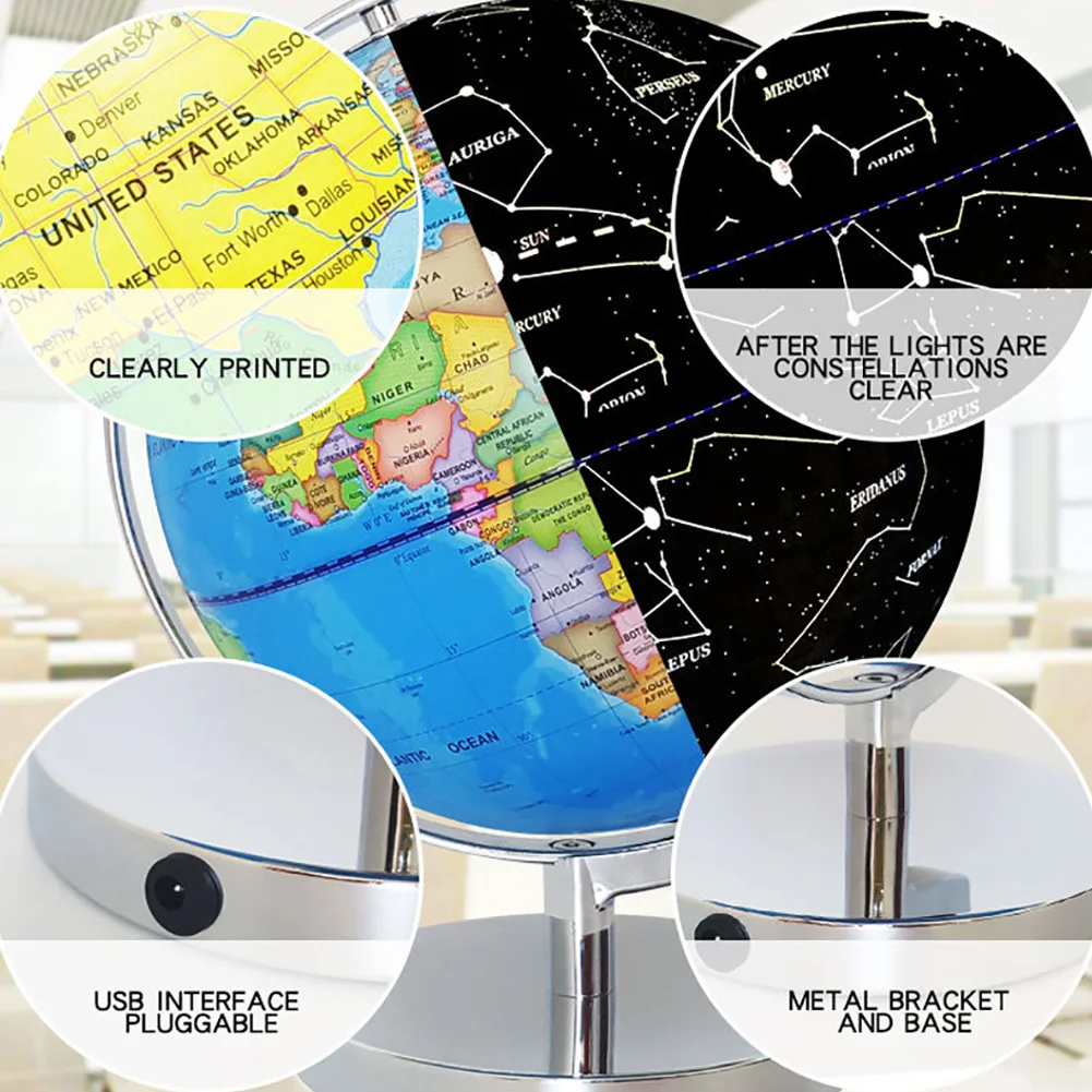 25cm 5V 2 In 1 LED Light English Constellation Map Ball With Stand World Earth Globe Kids Geography planetarium Educational Toys