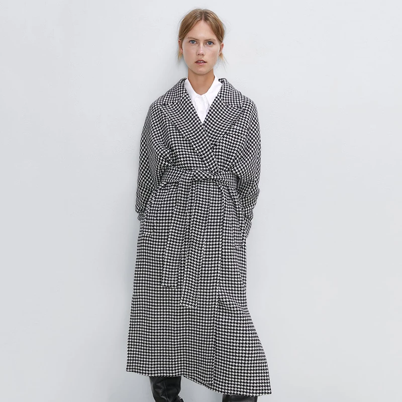 Женское длинное пальто ZA повседневное элегантное в стиле ретро с лацканами и