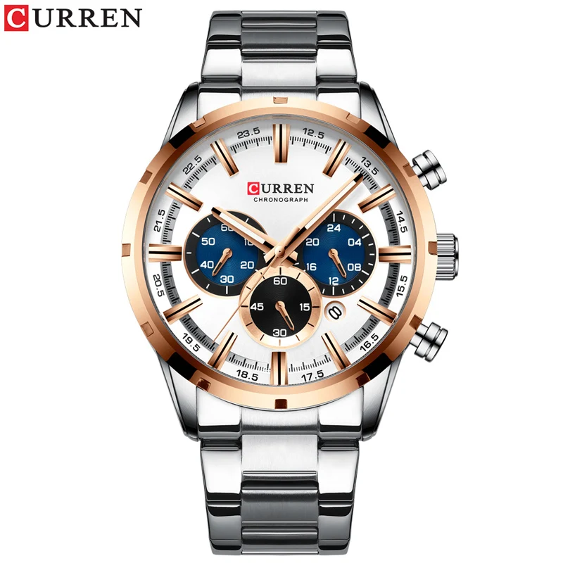 silver-rose-white Мужские часы Relogio Masculino,, роскошные брендовые модные часы с большим циферблатом, мужские синие наручные часы с хронографом, Reloj Hombre - Цвет: silver-rose-white
