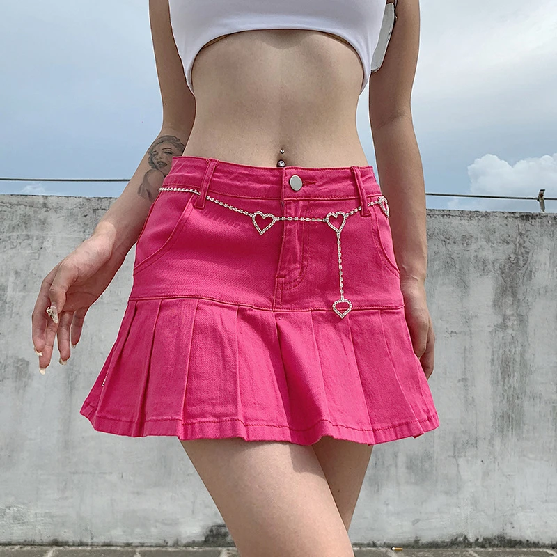 

Cute Y2K Aesthetic Hot Pink Pleated Denim Skirt for Women Kawaii Girls Vintage 2000s High Waisted Blue Pleated Y2K Jean Skorts