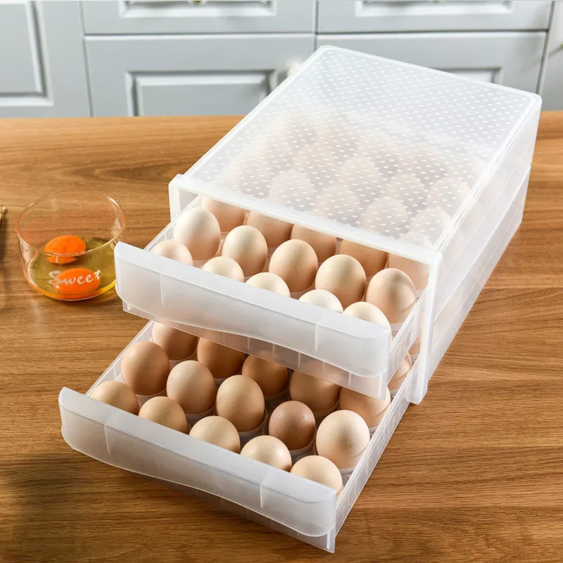 

Household Egg Storage Box Drawer-Type Refrigerator Storage Box Plastic Transparent Dumpling Box Double Layer Egg Tray