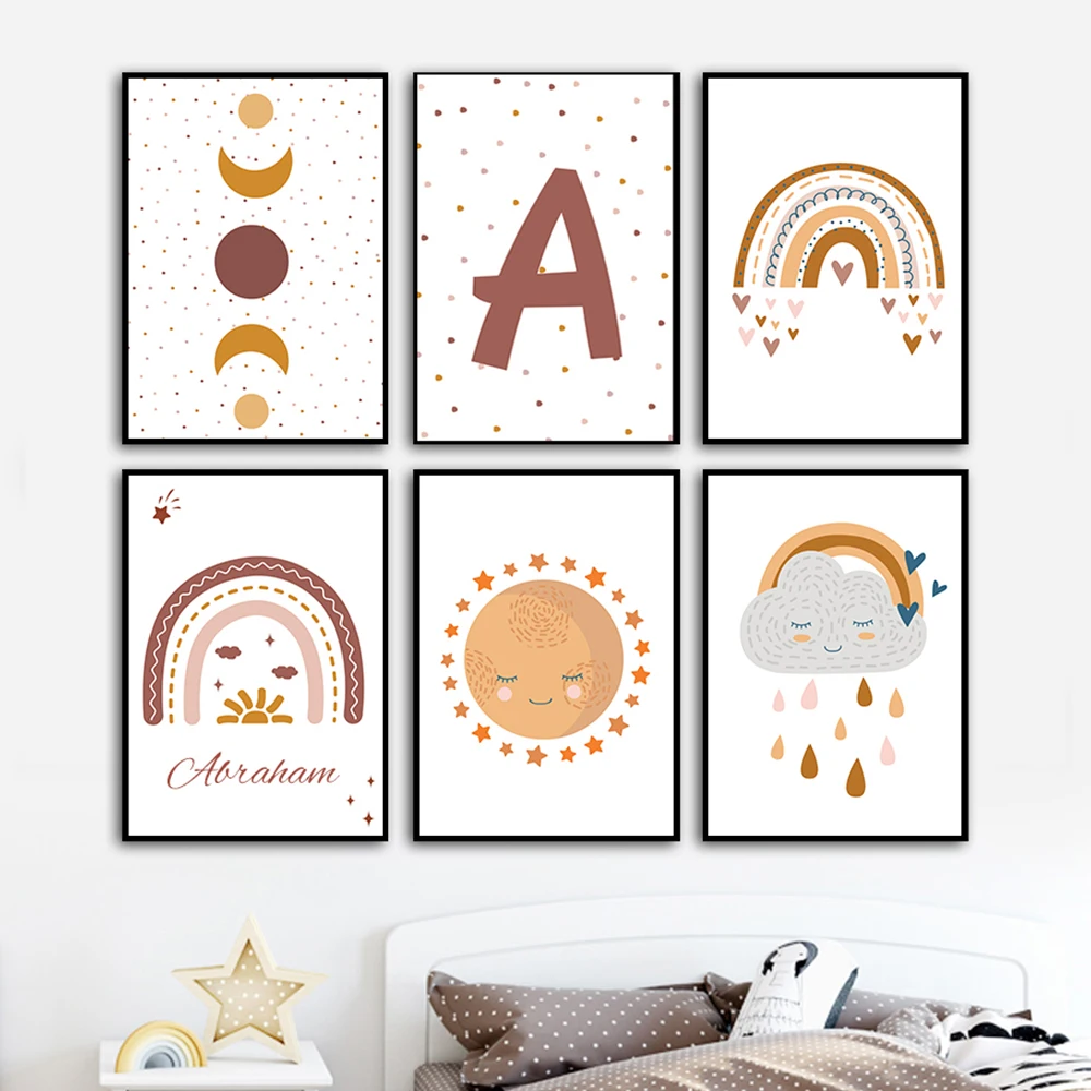 

Мультяшные радужные картины на холсте с именем на заказ, Постер для детской комнаты в скандинавском стиле, Настенная картина с принтом, пода...