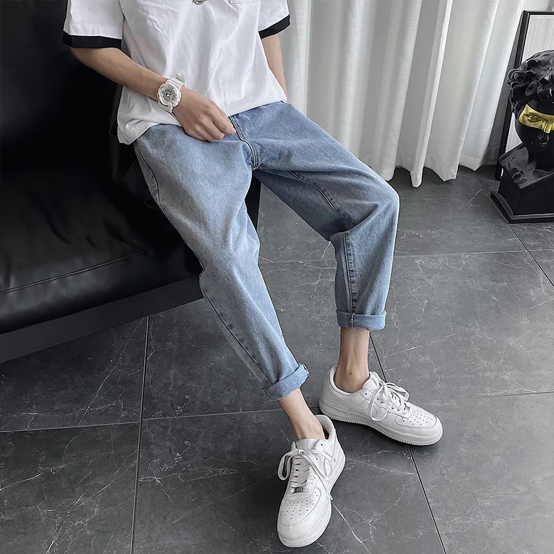 

Summer 2021 Denim trousers men’s slim-fit small-footed trousers handsome jeans straight loose trendy brand ankle length trousers