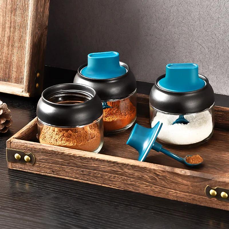

Glass Spice Jars Honey Brush Oil Spice Bottles Seasoning Storage Containers Salt Storage Box with Serving Spoon Kitchen Supplies