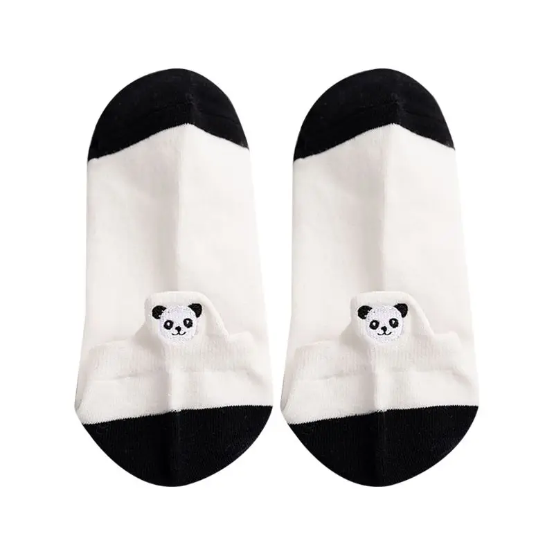 

Female Girls Cute Cartoon Panda Embroidery Cotton Boat Socks Black White Stripes Low Cut Shallow Mouth Short Hosiery