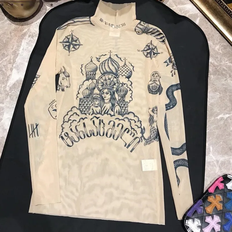 Новинка осени, Модный женский базальный топ с принтом «Goddess Tatoo», длинные рукава, высокие обтягивающие воротнички, телесный цвет, Сетчатая футболка из пряжи F218