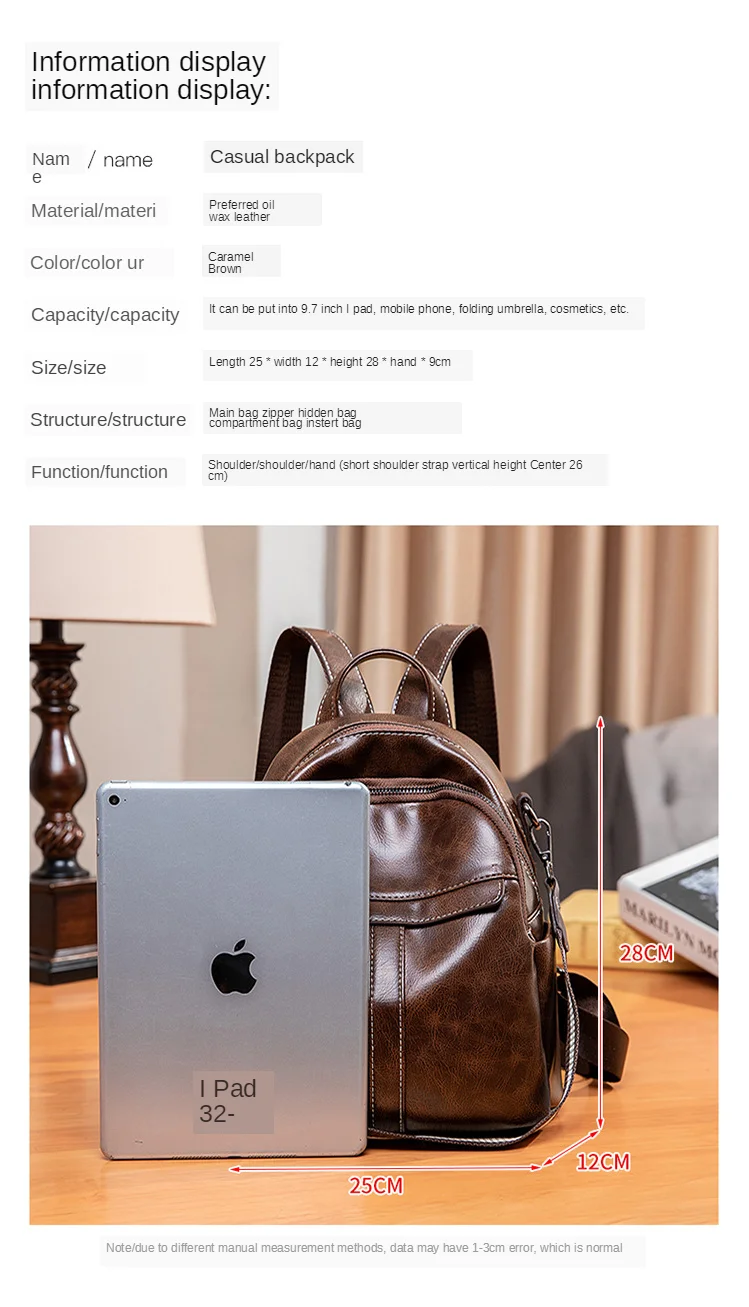 

Backpack Women 's Fashion Oil Wax Leather Retro Anti-Theft School Bag Multi-Purpose Backpack Travel Bag WOMEN 'S Bag