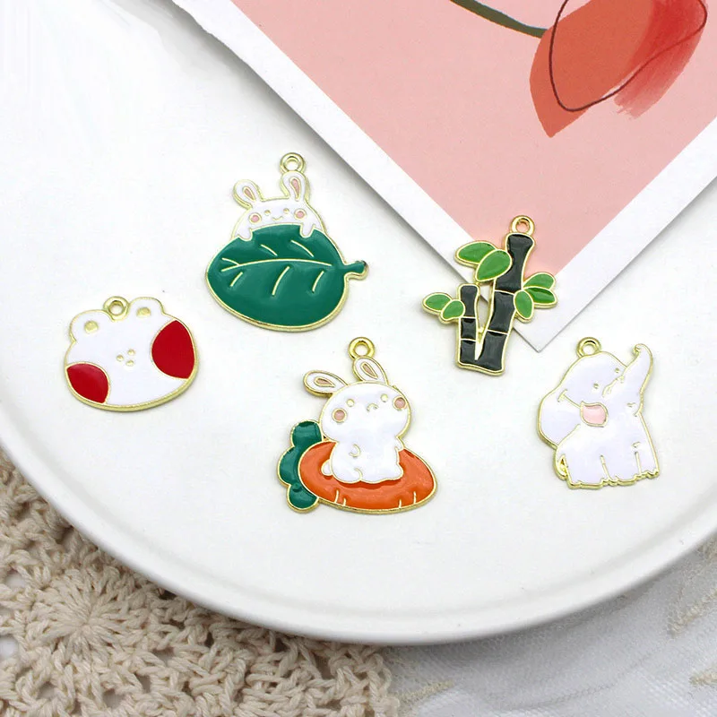 

10pcs/lot Enamel Cartoon Carrot Rabbit Elephant Leaf Pendant Charms DIY Necklace Earrings Keychain Jewelry Making Accessories