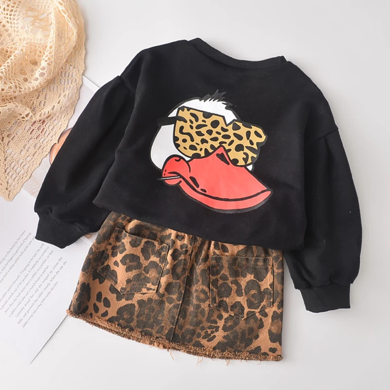 

Girls Cartoon Dress New Autumn Princess Dress Lovely Top and Leopard Skirt 2pcs Suit Outfits Cute Kids Children Clothing 3 7Y