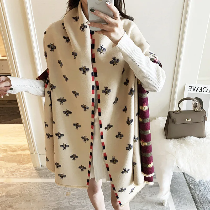 

Luxury Brand Double-sided Scarf Women Mrs Winter Warm Cashmere Shawl Scarf Animal Bee Printing Soft Thin Blanket Holiday Gifts