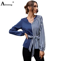 ladies elegant shirt patchwork sashes womens top casual pullovers fashion stripes blouse femme shirt blusas ropa mujer 2021