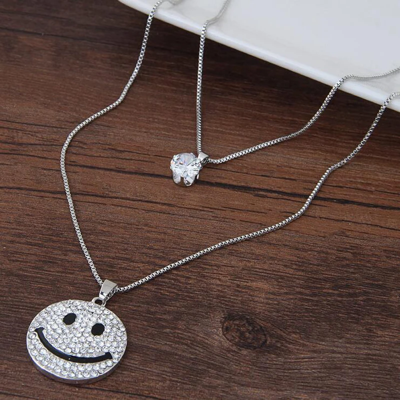 Женское Ожерелье со смайликом Двухслойное длинное ожерелье с подвесками в виде