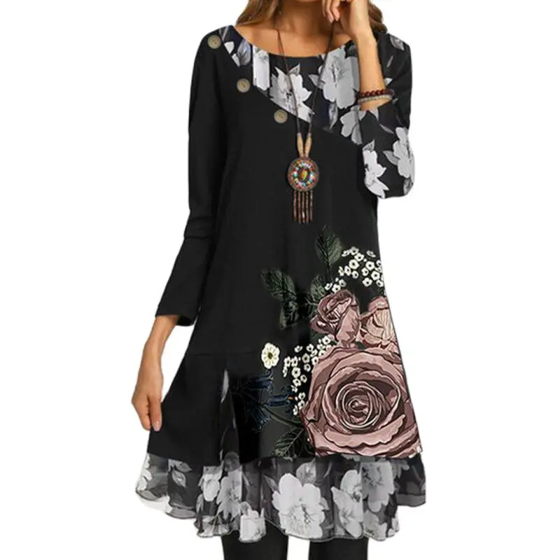 

Nice Spring Pop Elegant Floral Print Party Dress Women Vintage O-Neck Long Sleeve Dresses Ladies Casual Loose Dress Vestidos 3XL