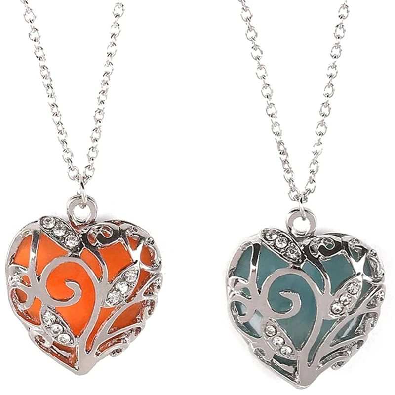 2Pcs Glow in Dark Women Necklace Hollow Out Heart Crystal Pendant Luminous Necklaces (Blue+Orange) | Украшения и аксессуары
