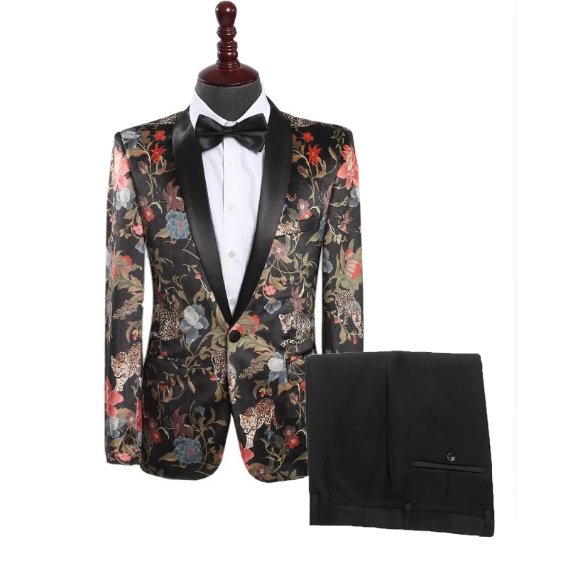 

Men Fashion Floral Leopard Print 2 Pieces Set Suits Club Bar Evening Party Stage Singer Costume Slim Fit Jacket and Pants 2021