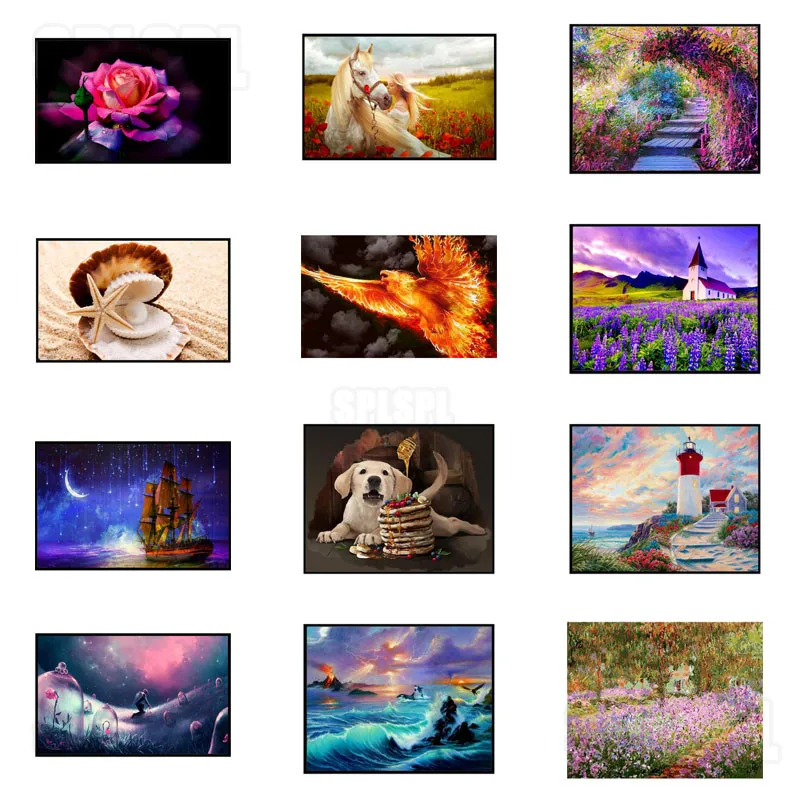 

Diamond Painting Still Life Pink Rose Purple Lavender Lighthouse Shell Horse Phoenix Seascape Pet Dog Starry Sky Decor Pictures