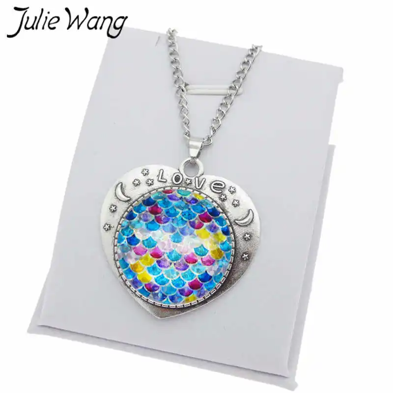 Julie Wang 25mm Glass Mermaid Fish Scale Necklace Women Heart Cabochon Setting Pendant Collar Chain Bohemian Fashion Jewelry | Украшения и