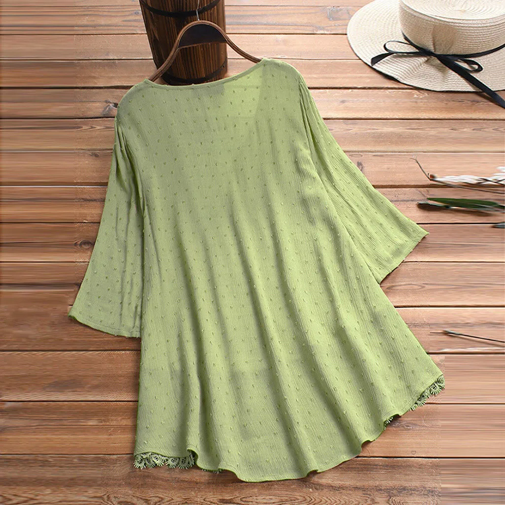 Женская винтажная блузка из хлопка и льна кружевной топ с оборками три четверти v