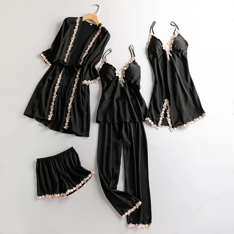 

Five Piece Pajamas Sleepwear Women Robe Kimono Gown Sexy Patchwork Lace Trim Nightwear Trouser Suits Loose Pyjama Pour Femme