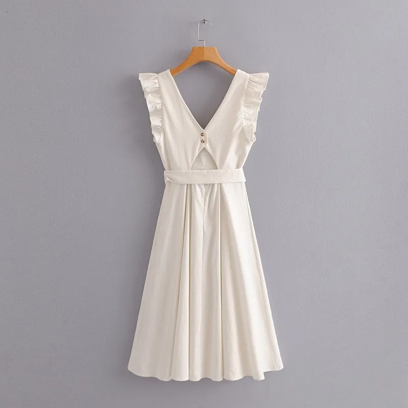 Elegant Ruffled White Dress Women Sleeveless Backless Bow Midi Summer Pocket Casual Sexy V-Neck Beach 2020 Vestido | Женская одежда