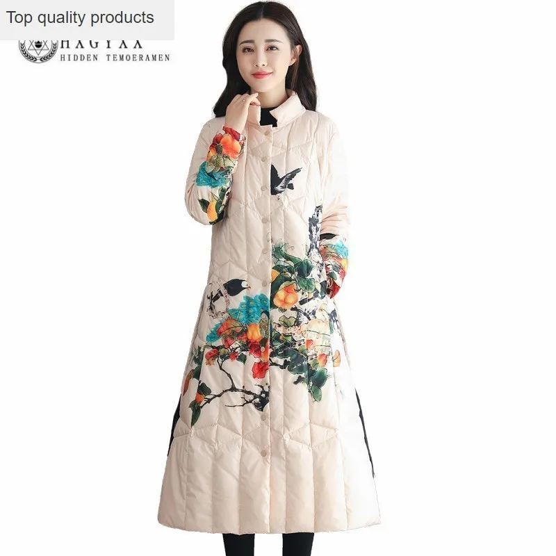 

National Style Chinese Parka Cotton Winter Coat Women Print Vintage Female Mid Length 2023 Casual Plus Size Jacket Woman J029