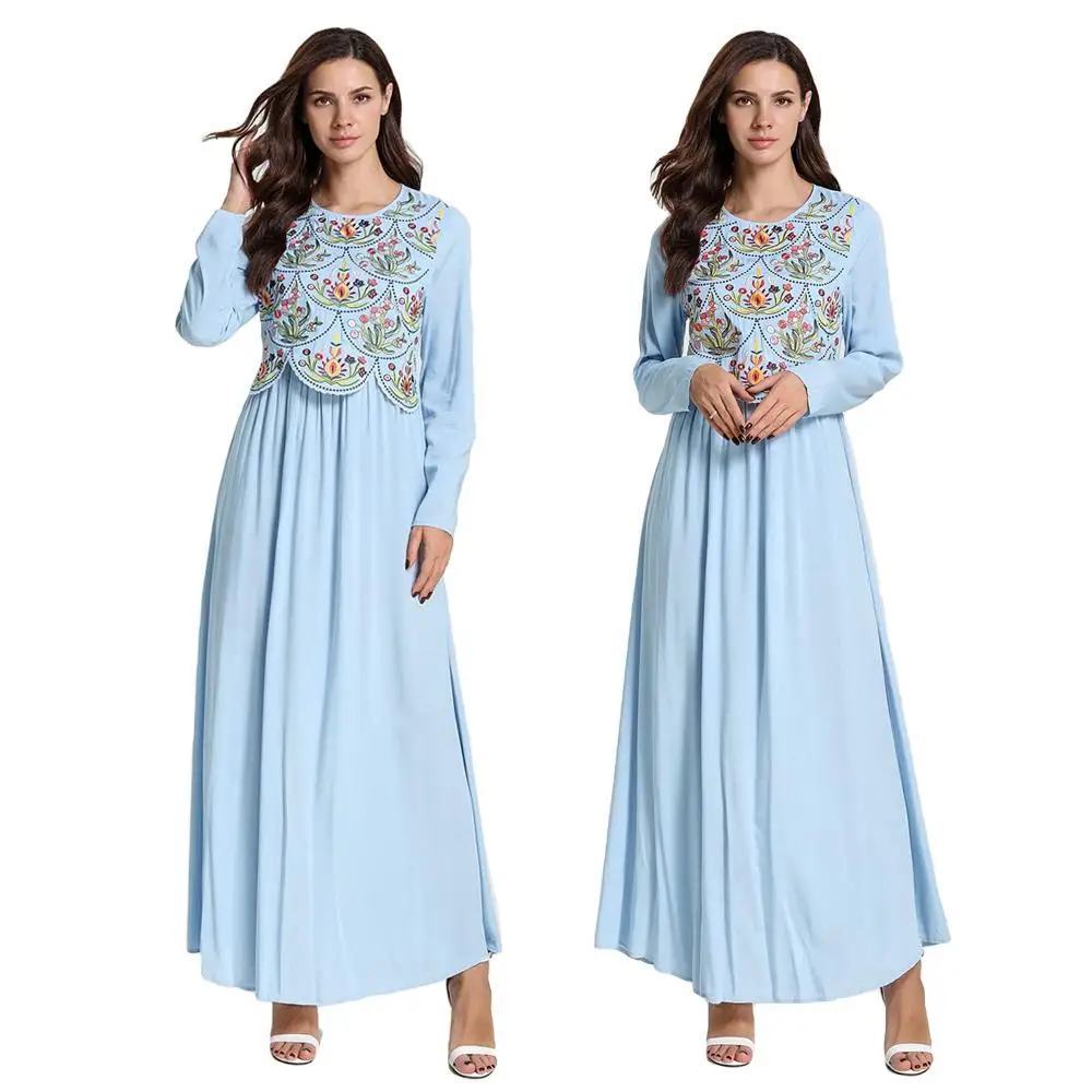 Мусульманское женское хлопковое Вышитое Платье макси с длинным рукавом халаты