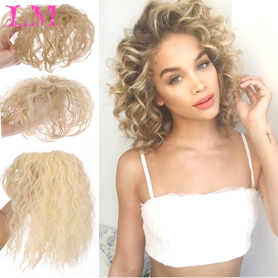 

LM Black Brown Curly Hair Top Toupee Clip In Synthetic Hair Extensions Replacement Closure Hairpiece Wigs With Bangs Women