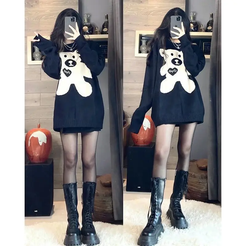 

Deeptown Kawaii Bear Print Knitted Sweater Women Preppy Fashion Pink Jumper Oversize O-neck Pullover Autumn Winter Tops Female