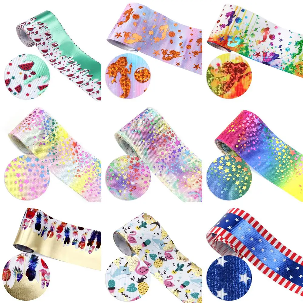 July 4th Star Horse Dot Gold Fruit Foil Grosgrain Ribbon,DIY Hair Bow Garment Headbands Bow-knot Home Crafts,5Yc11530