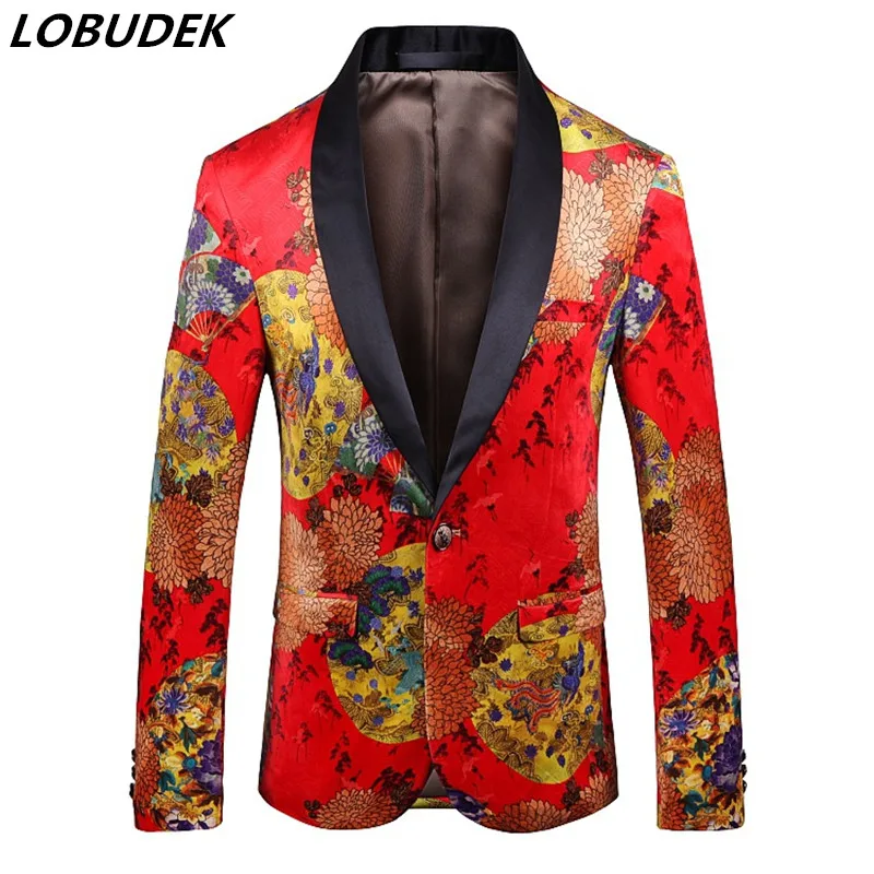 

Red Vintage Pattern Printing Blazers Velveteen Slim Fit Blazer Wedding Bridegroom Dress Suit Jackets Host Singer Prom Stage Coat