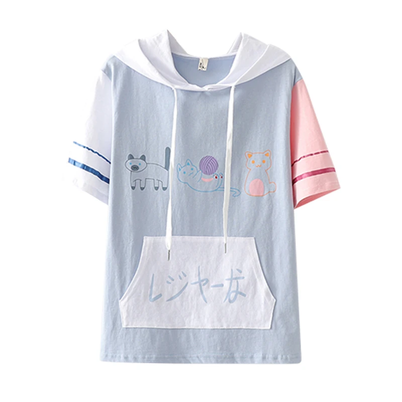 

College Style Teen Girls Kawaii White T Shirts Women Summer Cute Cartoon Cat Graphic Tee Shirts Casual Tops Cotton Tshirt