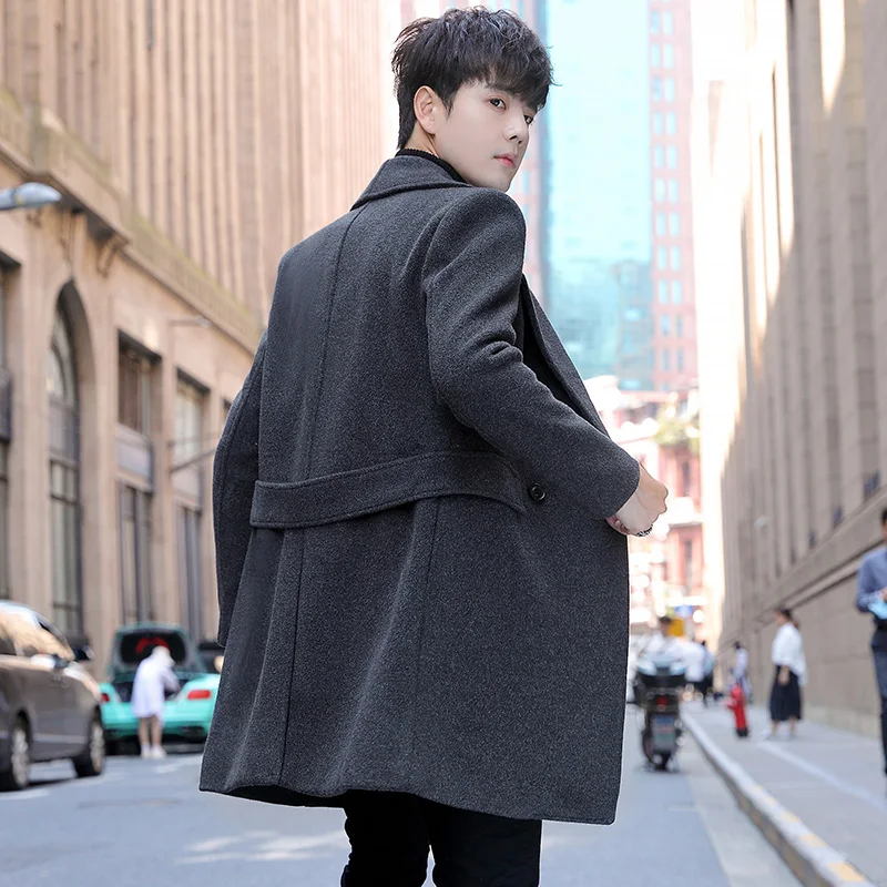 

Модное шерстяное пальто в Корейском стиле, Мужская Уличная одежда на осень и зиму, облегающая утепленная ветровка, куртка, Длинные парки сре...