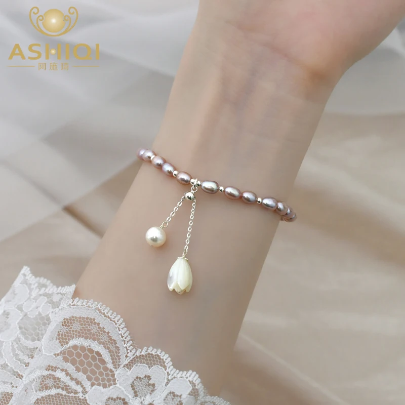 

ASHIQI Natural Freshwater Pearl Magnolia Flower Bracelet Elastic Rope Fashion Jewelry for Women gift