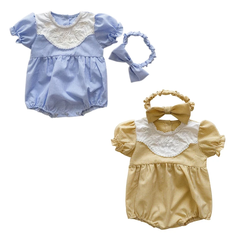 

Baby Girls Playsuits Lace Plaid Bodysuit+Headaband 2pcs Sets Toddler Romper Jumpsuit Infant Summer Clothes New Style