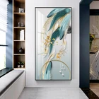 Современная Абстрактная Картина на холсте с голубыми золотыми перьями, бабочками, настенный художественный принт и плакат, картина для гостиной, украшение для дома