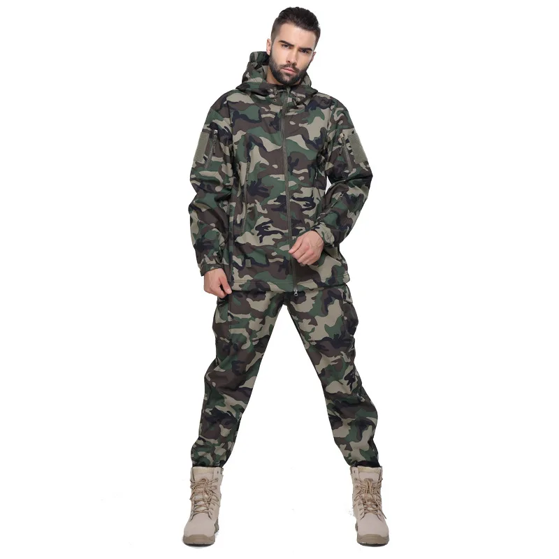 Woodland Camo Лесной камуфляж Мужская тактическая флисовая куртка костюм для походов и охоты EDC легкая флисовая куртка+ брюки - Цвет: Woodland Camo