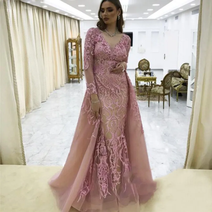 

Pink Prom Dresses With Removable Skirt Applique Evening Dress Formal Party Gowns Full Sleeve See Thru abiye vestido de festa